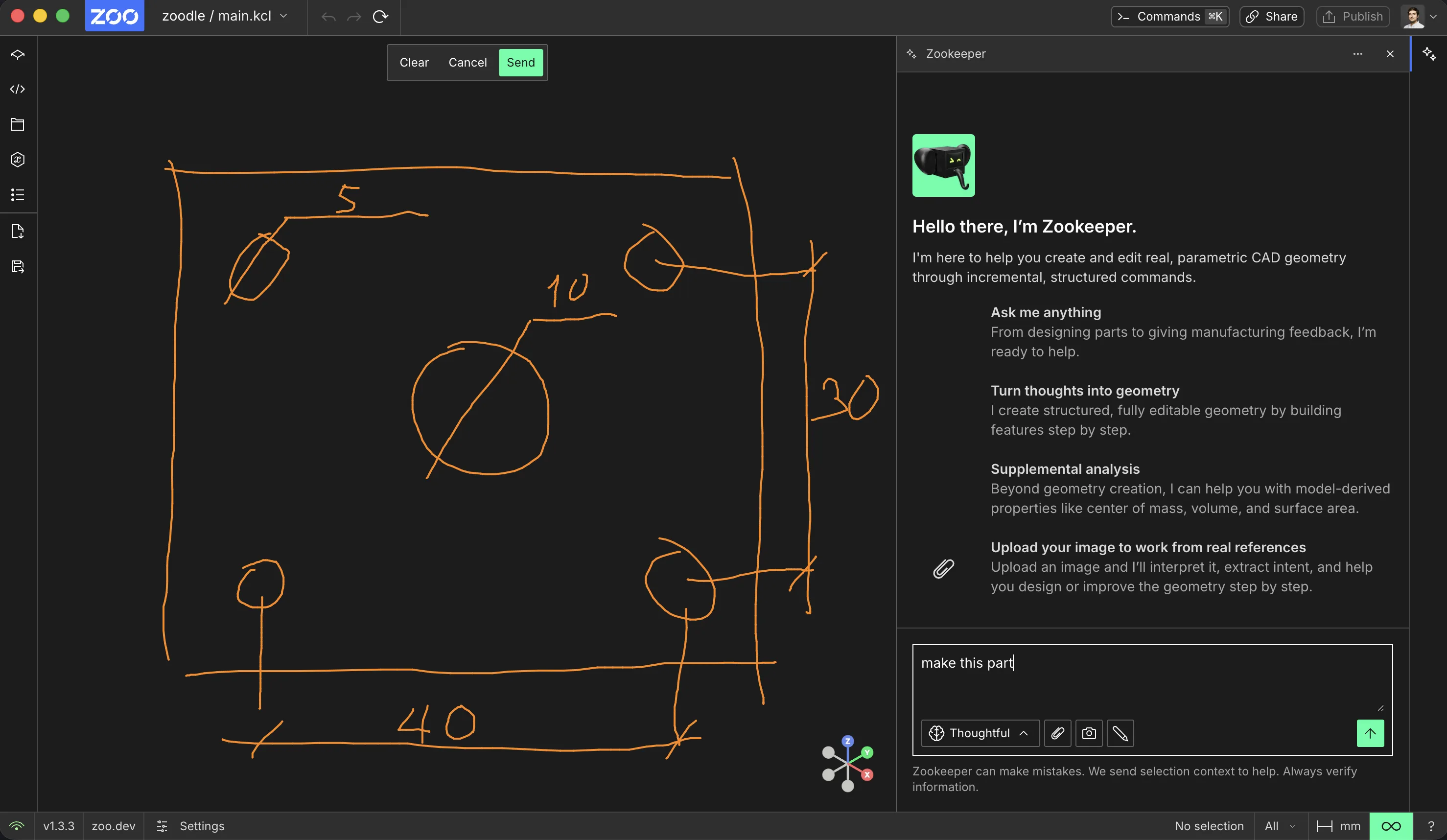 A Zoodle markup drawn over a plate sketch with dimensions and hole callouts