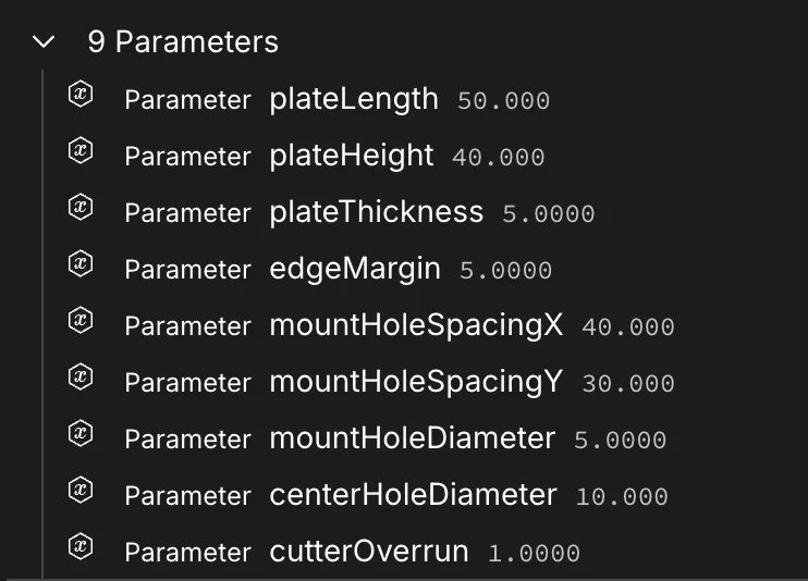 Generated Zoodle model parameters including plate length, height, thickness, and hole diameters