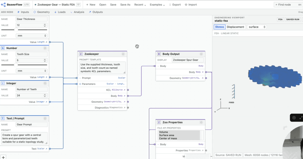 BeaverFlow node editor connecting inputs, Zookeeper, geometry, and analysis outputs.