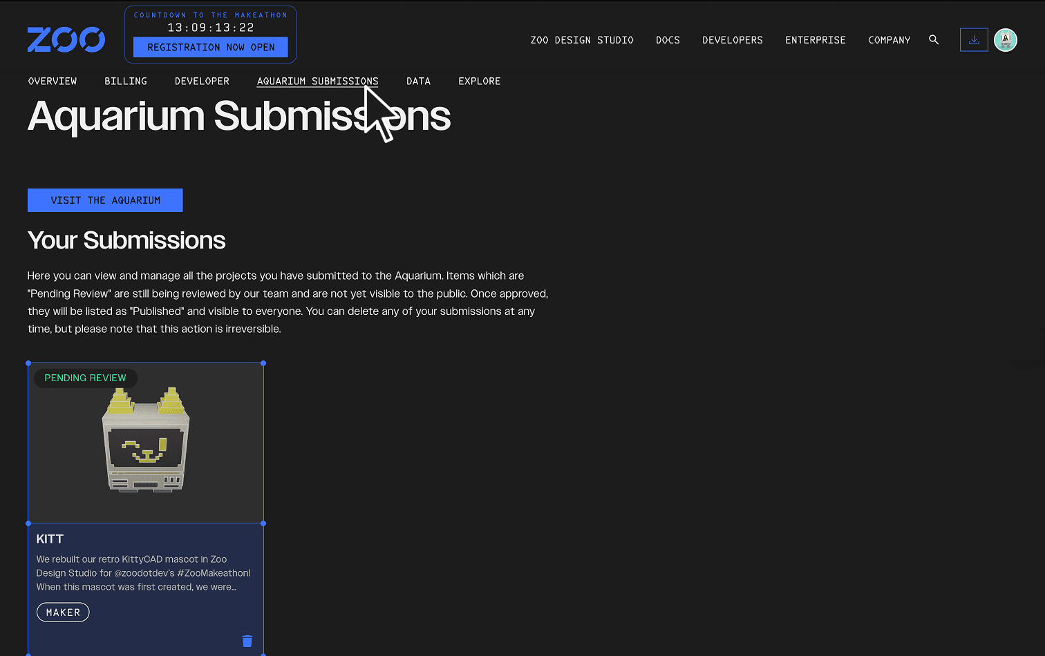 Manage your Aquarium submissions from your account menu