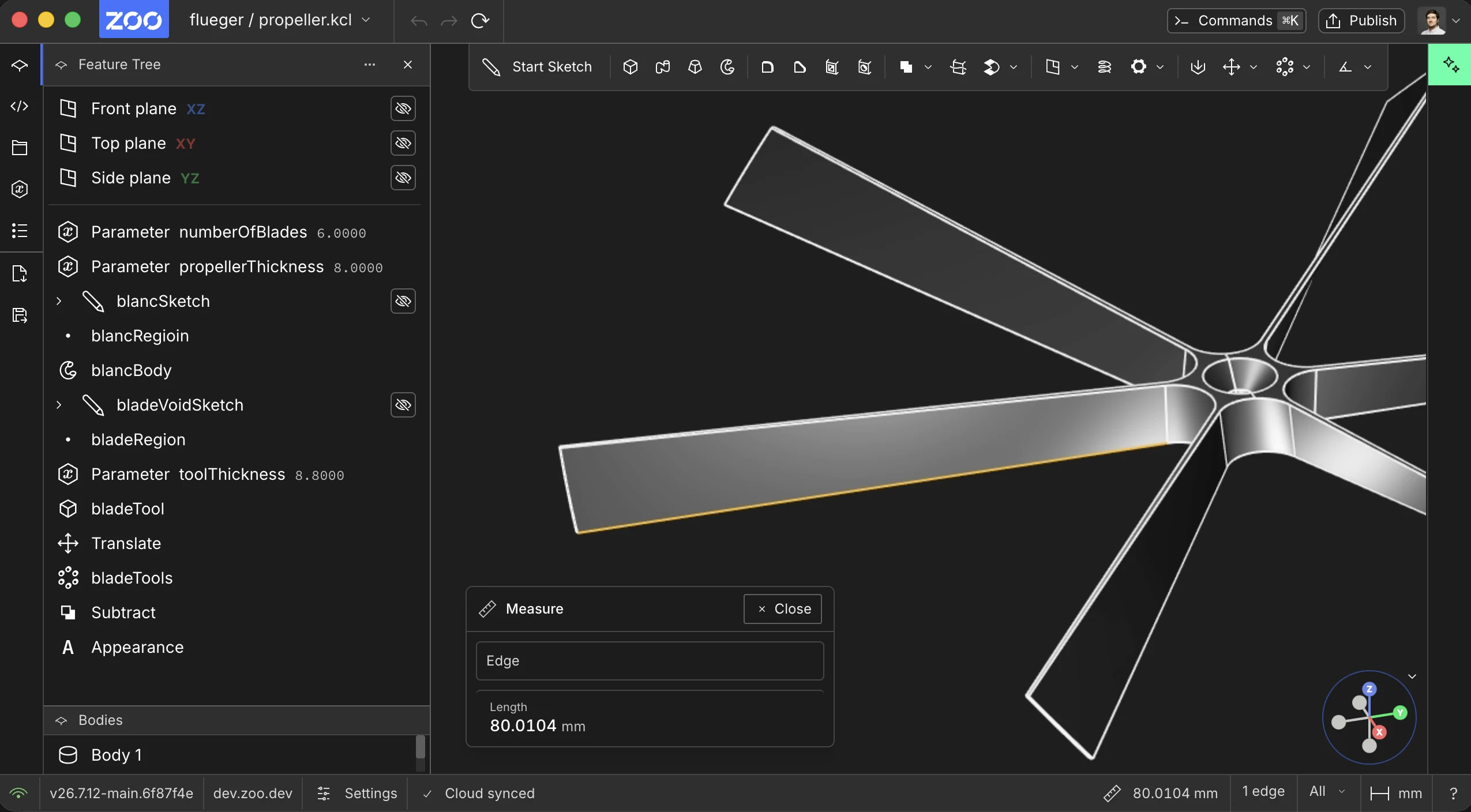 Measure panel showing the length of a selected straight edge