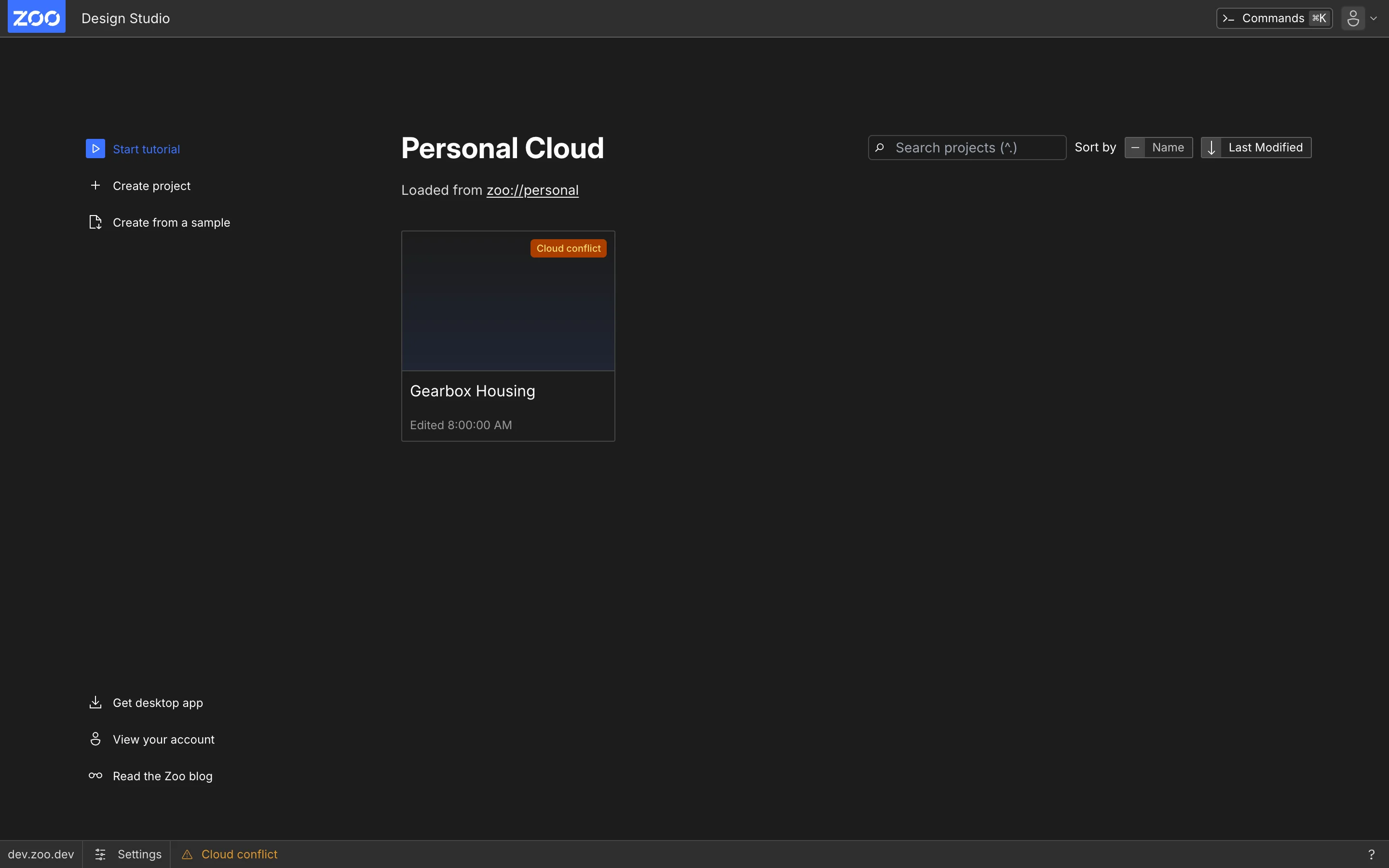 Home showing Cloud conflict on a project card and in the status bar