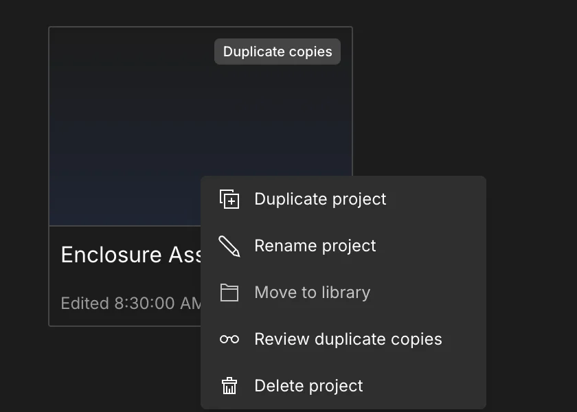 Project card with a Duplicate copies badge and the Review duplicate copies menu action