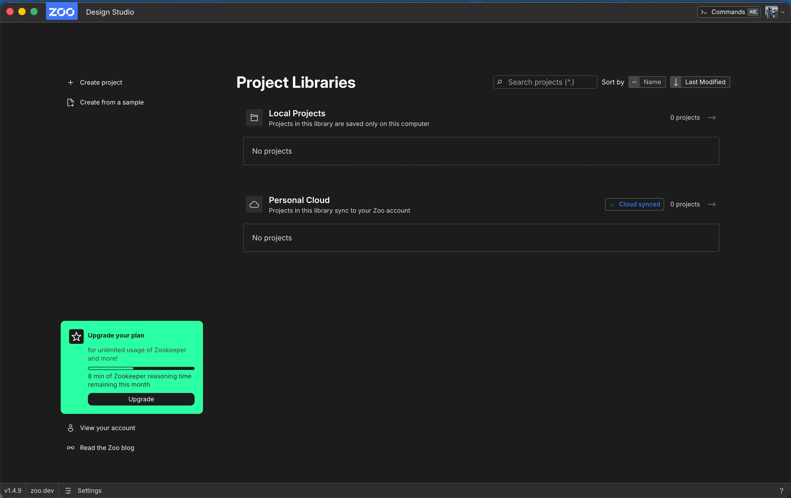 Zoo Design Studio with two initial empty project libraries