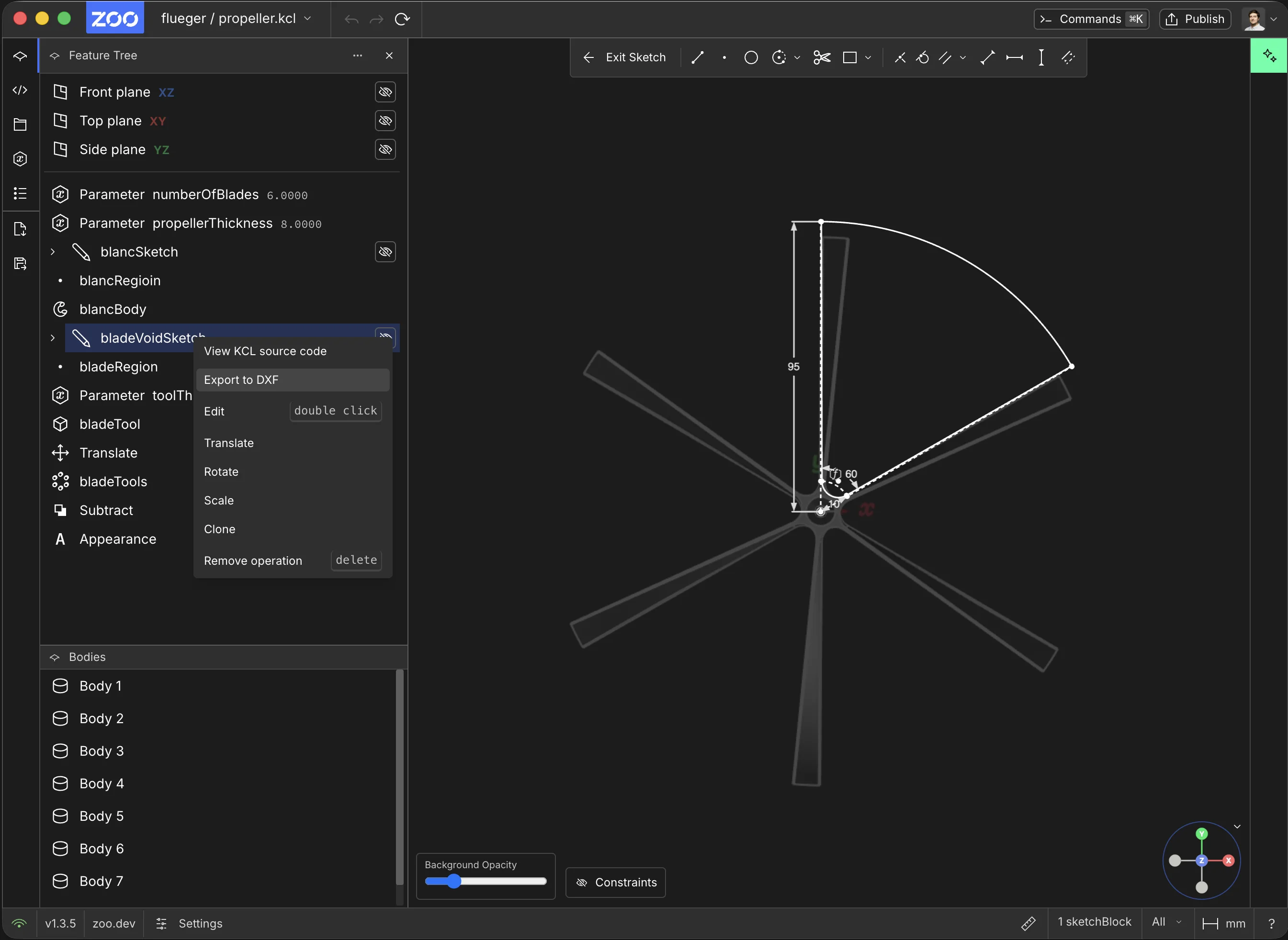 Export to DXF selected from a sketch context menu in the Zoo Design Studio Feature Tree