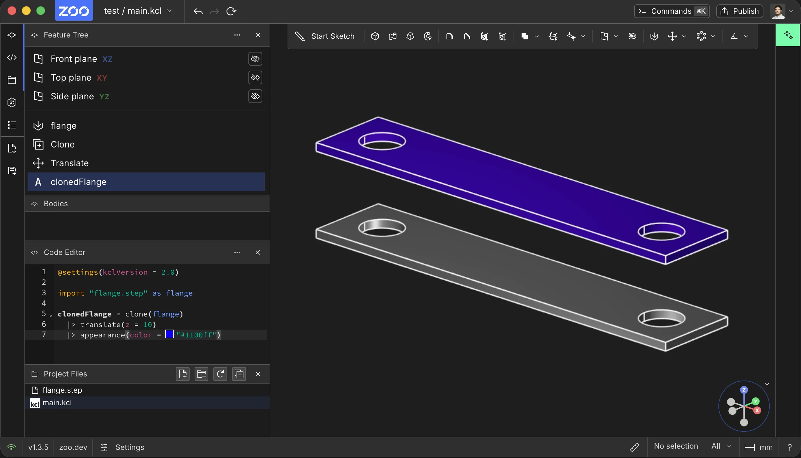 A cloned STEP flange translated above the original flange in Zoo Design Studio