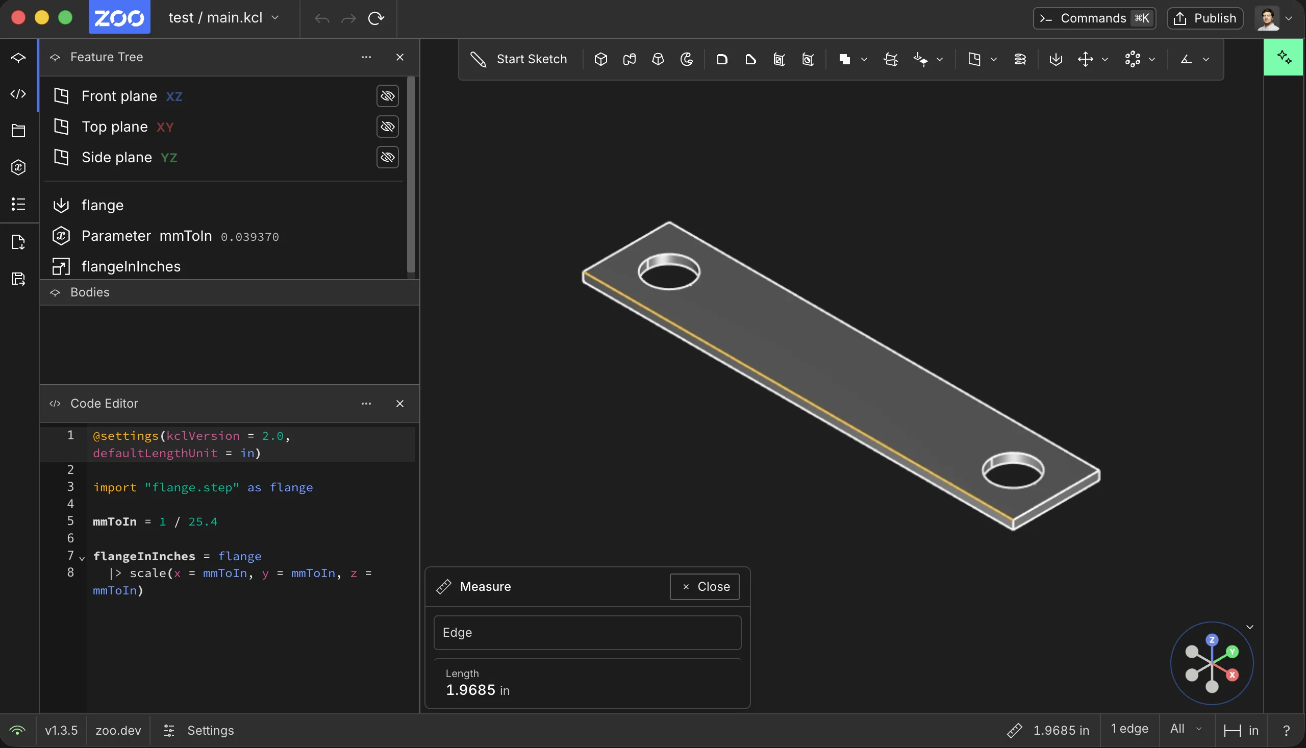 A millimeter STEP flange scaled in an inch scene and measured as 1.9685 inches