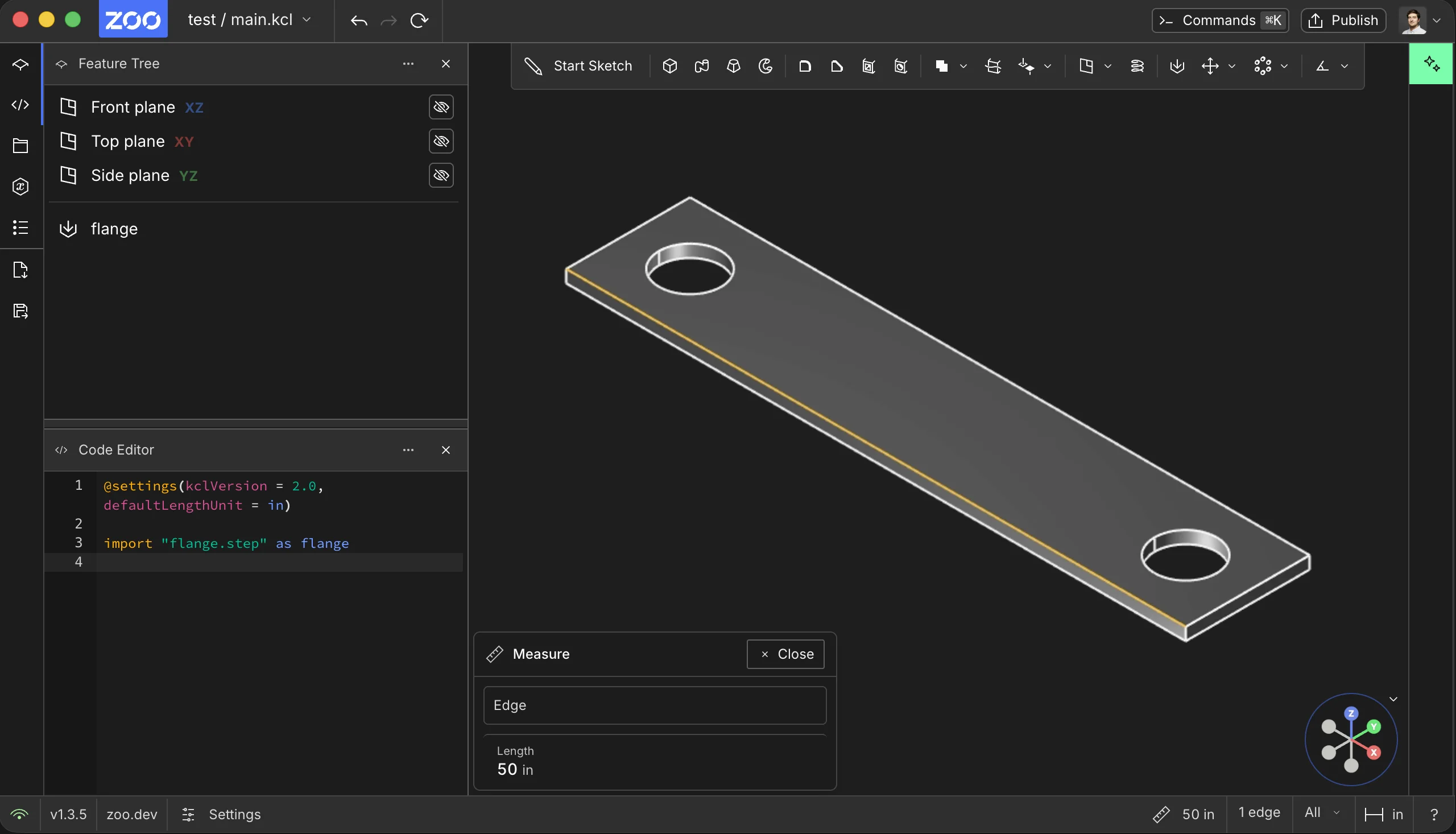 A 50 millimeter STEP flange imported into an inch scene and measured as 50 inches