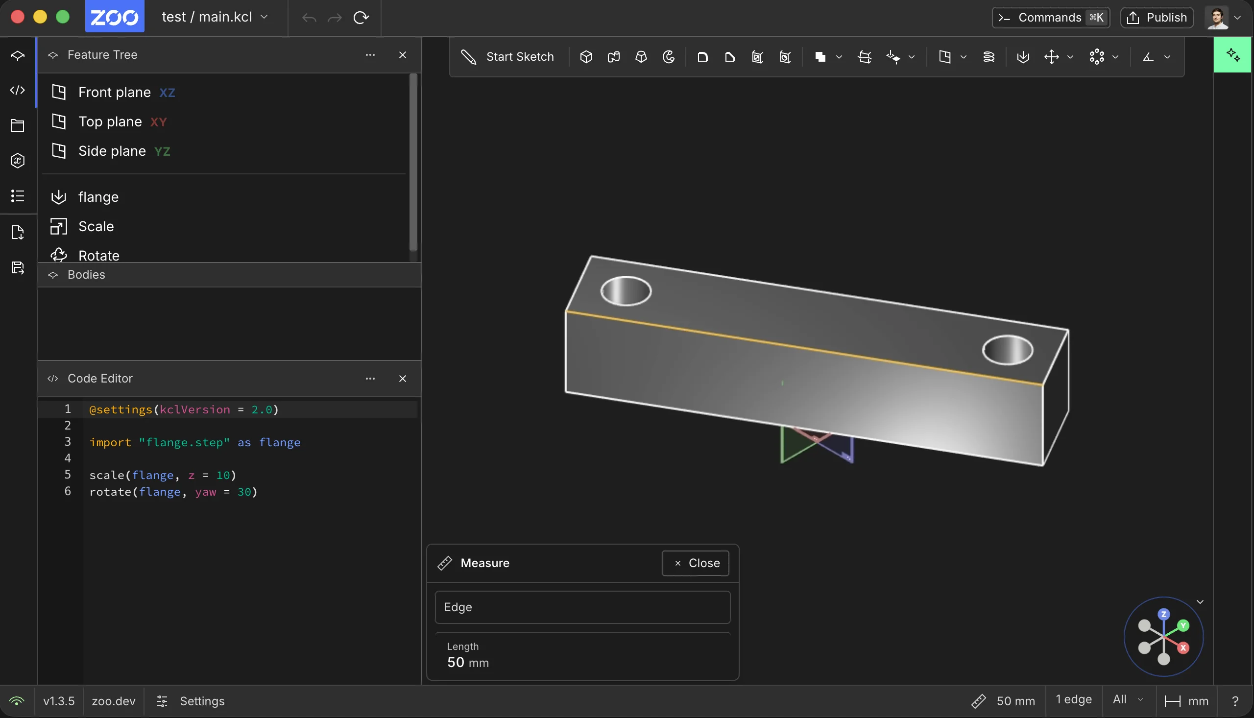 An imported STEP flange scaled, rotated, and measured in Zoo Design Studio
