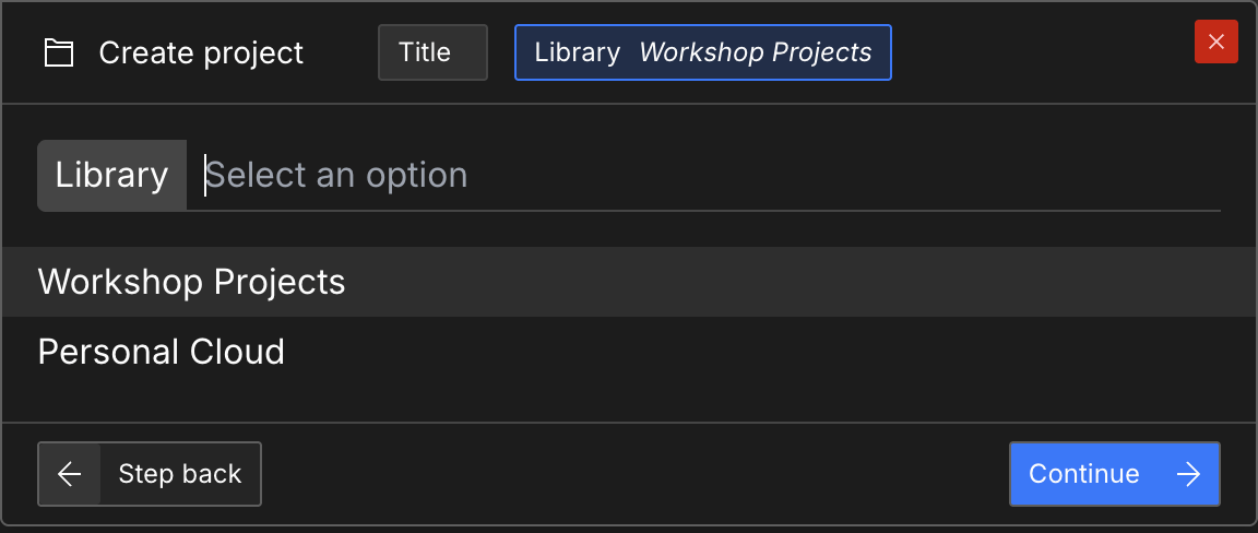 Create project command showing Workshop Projects and Personal Cloud as library choices