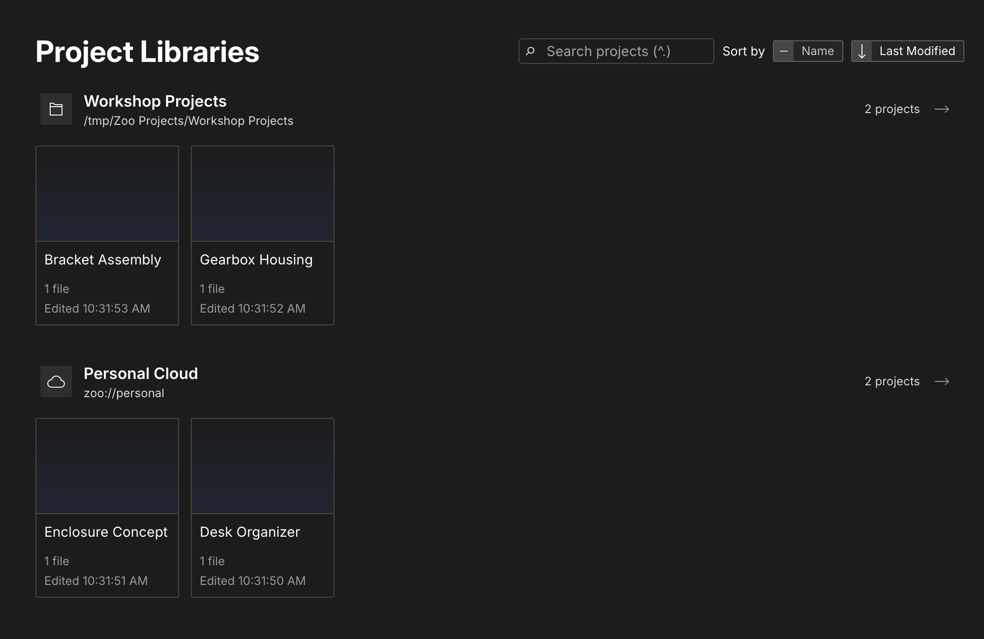 Home showing a Directory library with a folder icon and local path beside Personal Cloud with a cloud icon and zoo://personal address