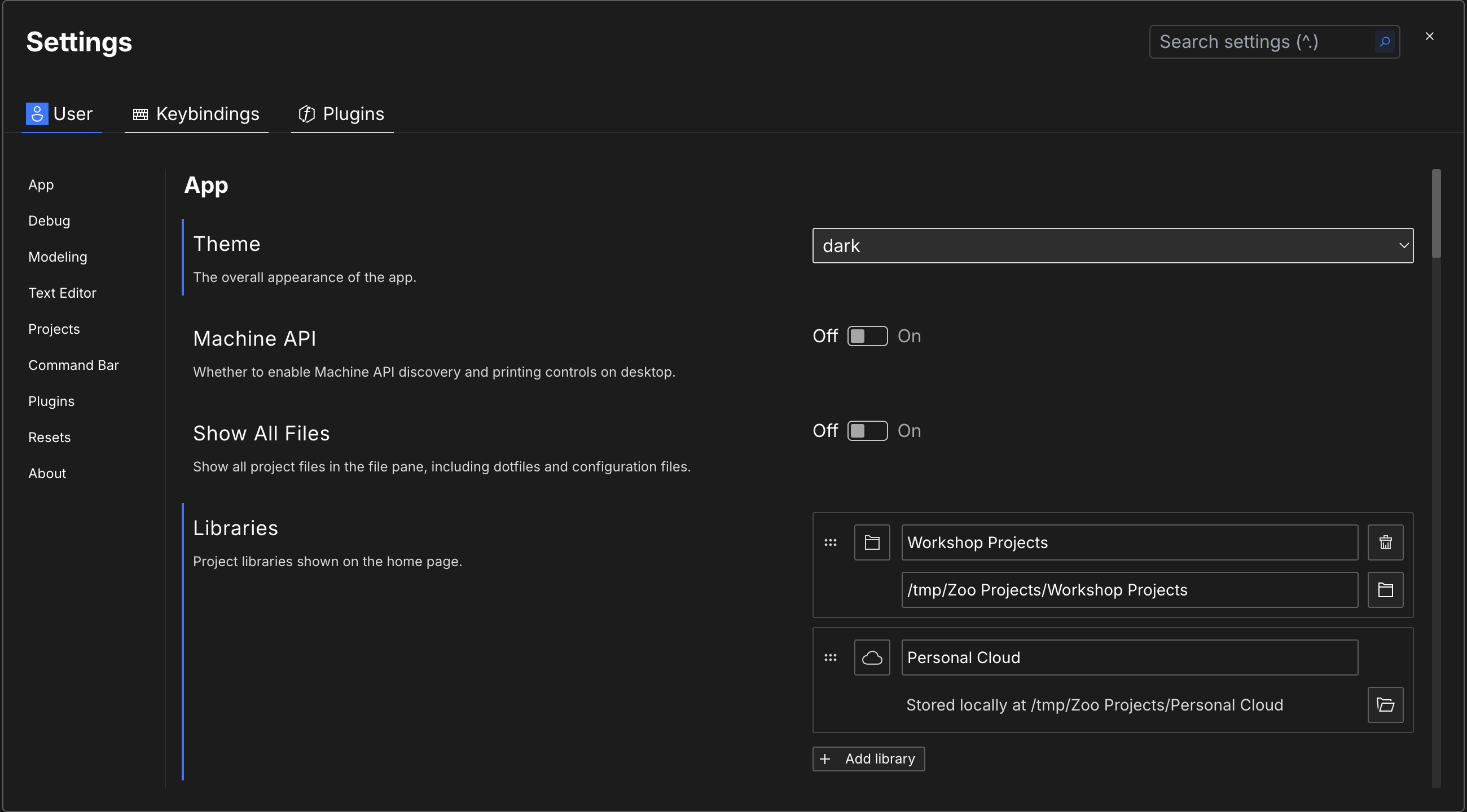 User App settings showing an editable Directory library and the Personal Cloud local storage path