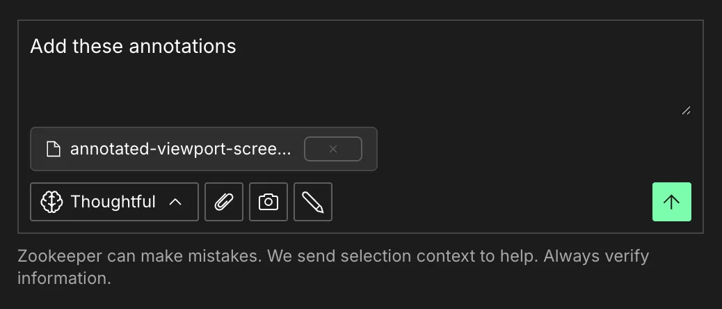 Zookeeper prompt composer with an annotated viewport attachment and the prompt Add these annotations
