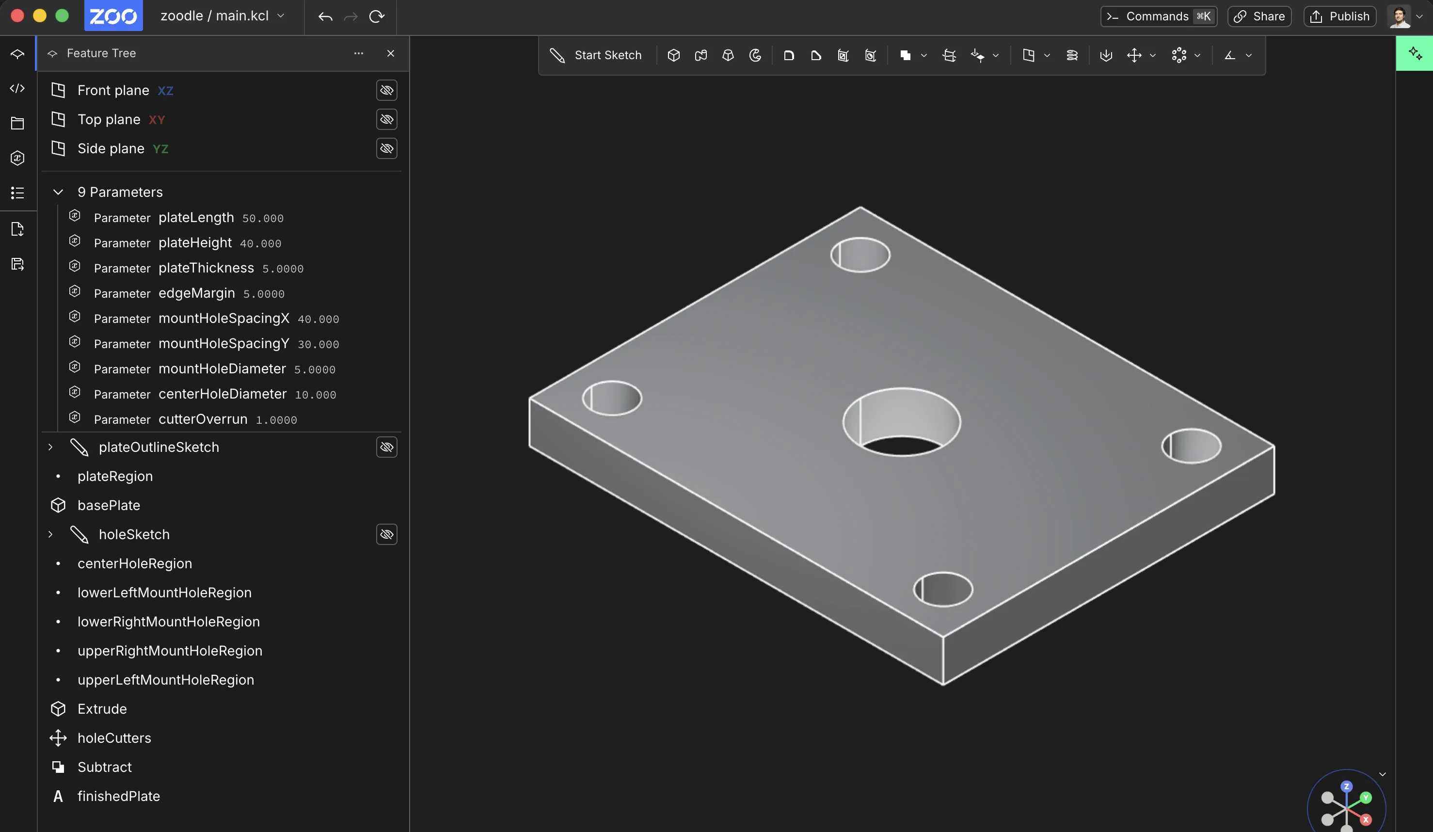 The generated plate visible with its editable parameters in the feature tree