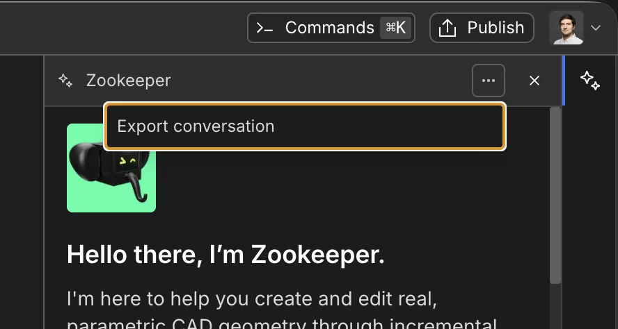 Zookeeper menu showing the Export conversation action